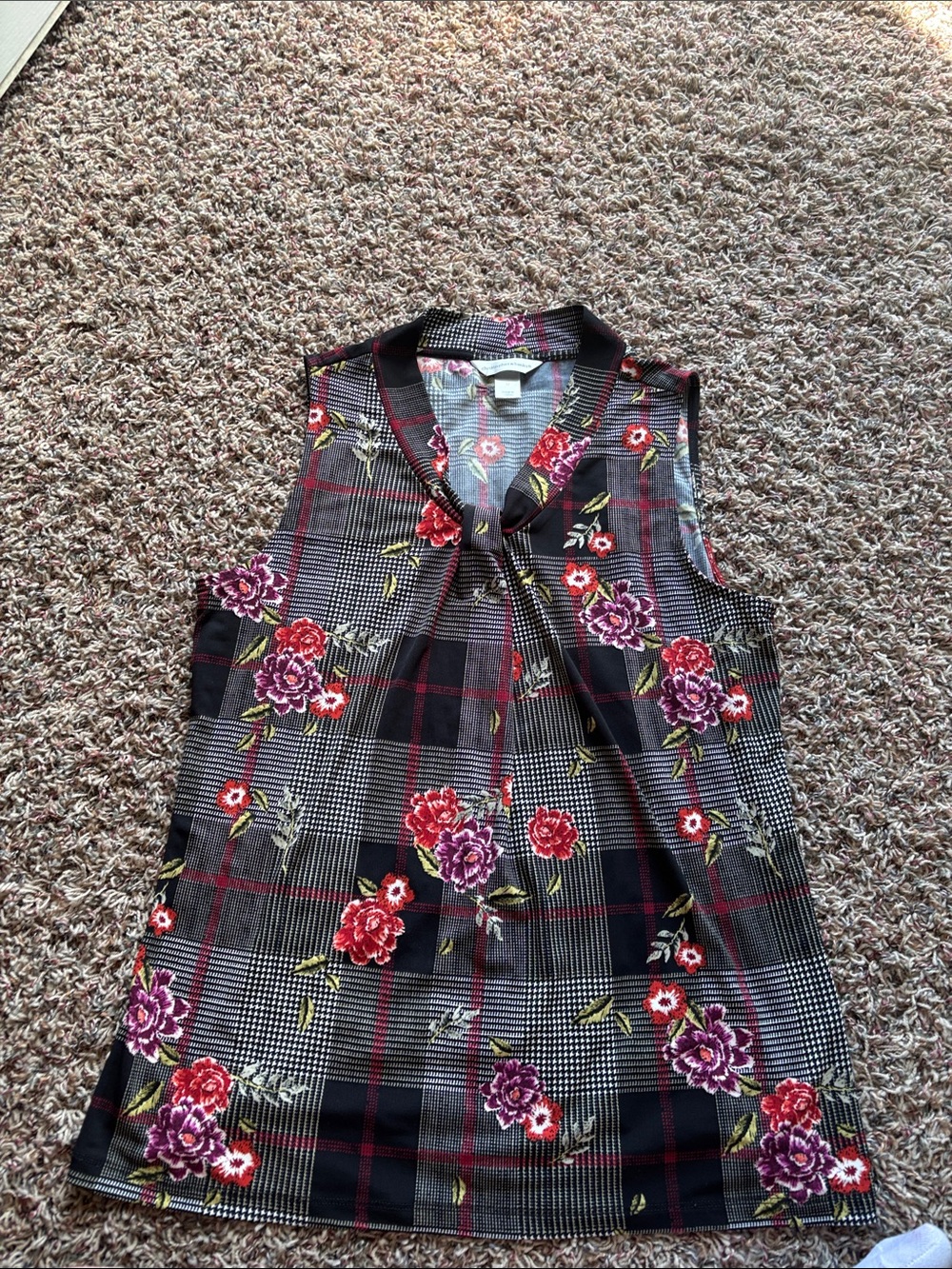 Plaid Floral Tie-Neck Sleeveless Camisole - Black with Red & Purple Floral